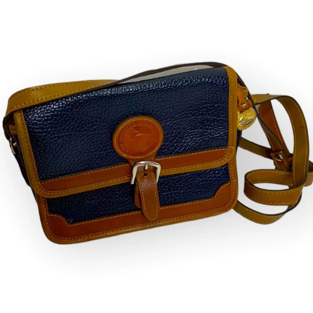 Dooney & Bourke Vintage Blue Tan Leather Pebbled Handbag Shoulder Bag Purse